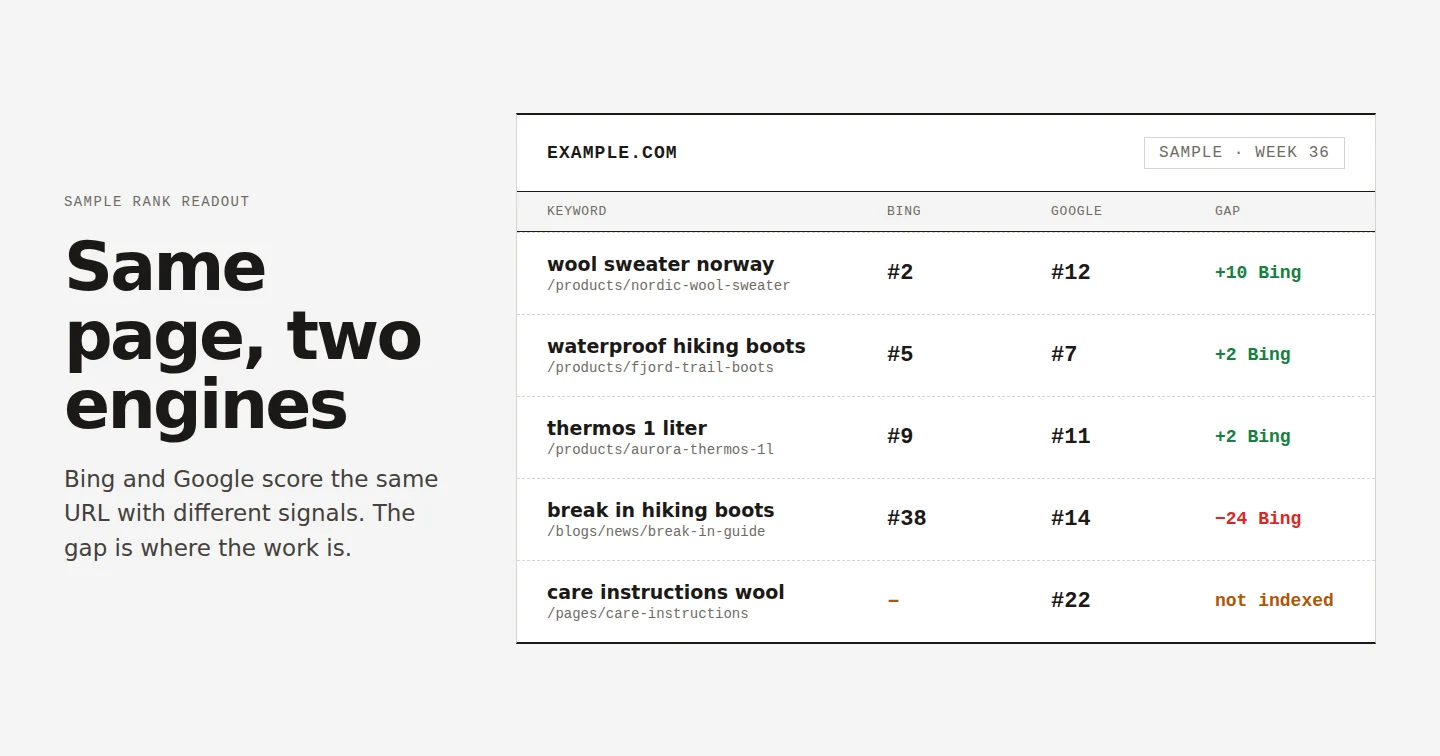 Sample rank readout: five keywords with their Bing and Google positions side by side, and the gap between them