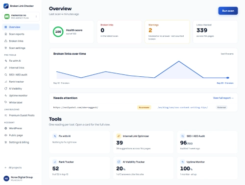 The Broken Link Checker dashboard: health score, broken links, warnings and links checked for one site, with a chart of broken links over time and a card per tool.